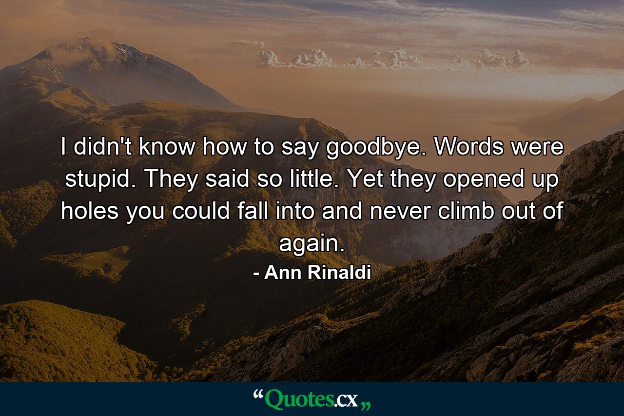 I didn't know how to say goodbye. Words were stupid. They said so little. Yet they opened up holes you could fall into and never climb out of again. - Quote by Ann Rinaldi