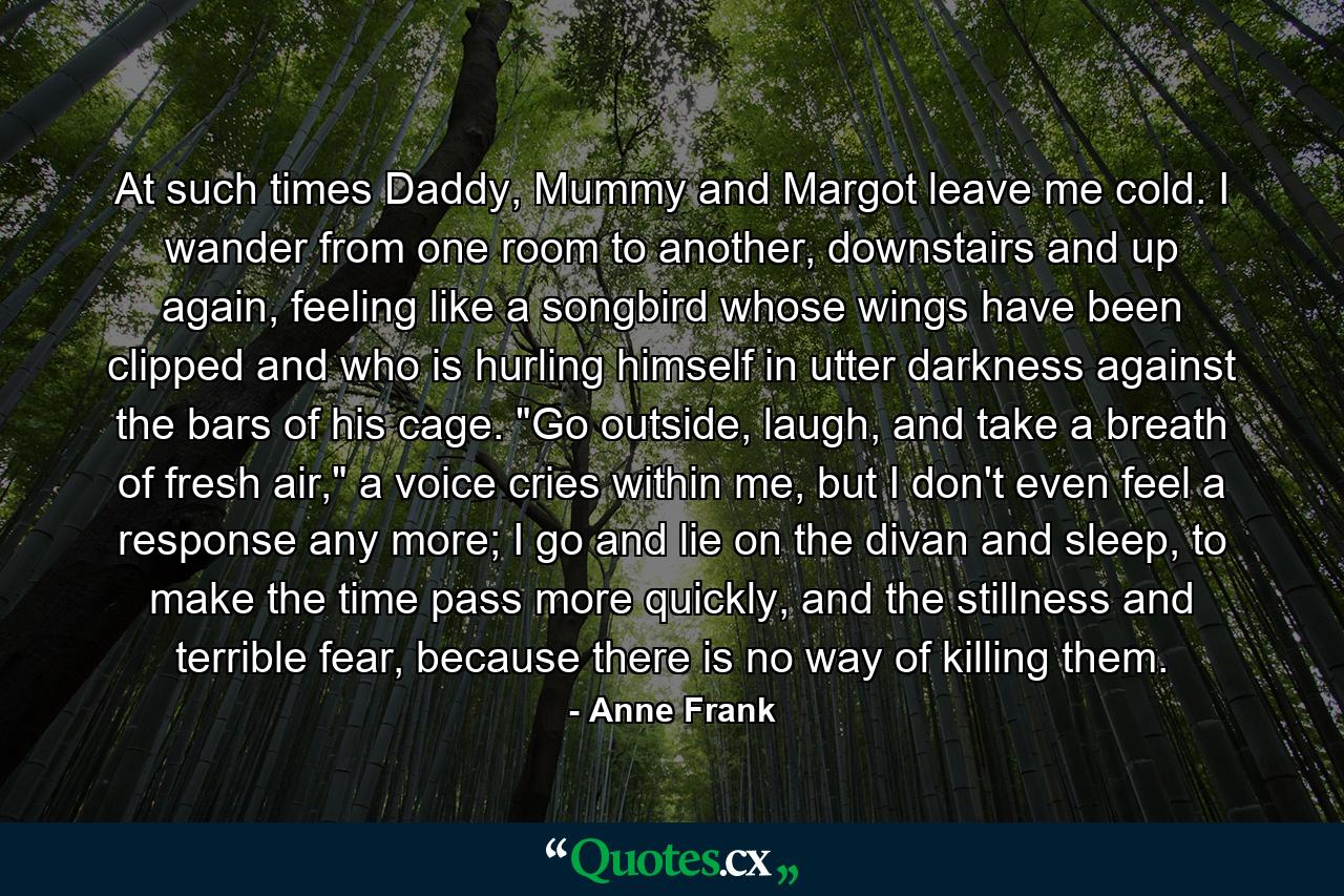 At such times Daddy, Mummy and Margot leave me cold. I wander from one room to another, downstairs and up again, feeling like a songbird whose wings have been clipped and who is hurling himself in utter darkness against the bars of his cage. 