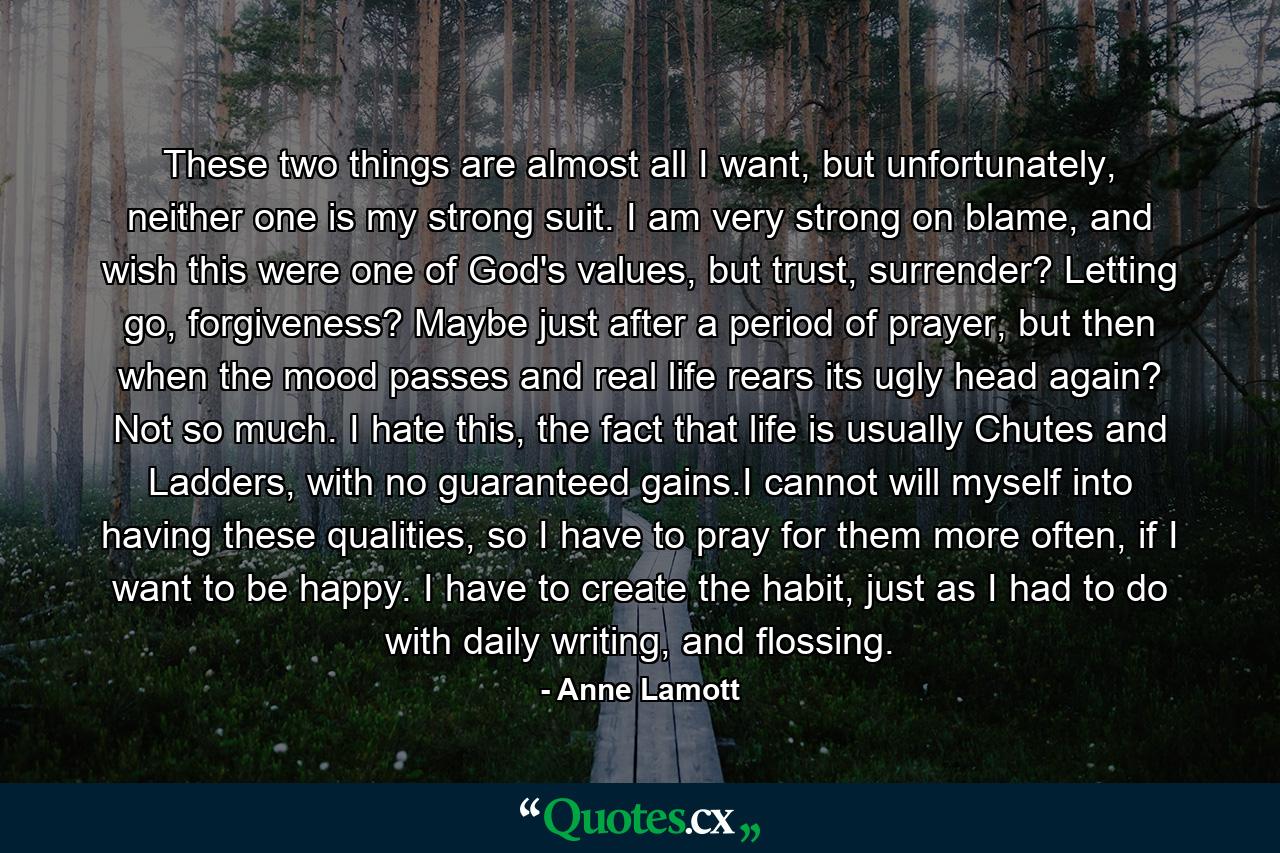 These two things are almost all I want, but unfortunately, neither one is my strong suit. I am very strong on blame, and wish this were one of God's values, but trust, surrender? Letting go, forgiveness? Maybe just after a period of prayer, but then when the mood passes and real life rears its ugly head again? Not so much. I hate this, the fact that life is usually Chutes and Ladders, with no guaranteed gains.I cannot will myself into having these qualities, so I have to pray for them more often, if I want to be happy. I have to create the habit, just as I had to do with daily writing, and flossing. - Quote by Anne Lamott