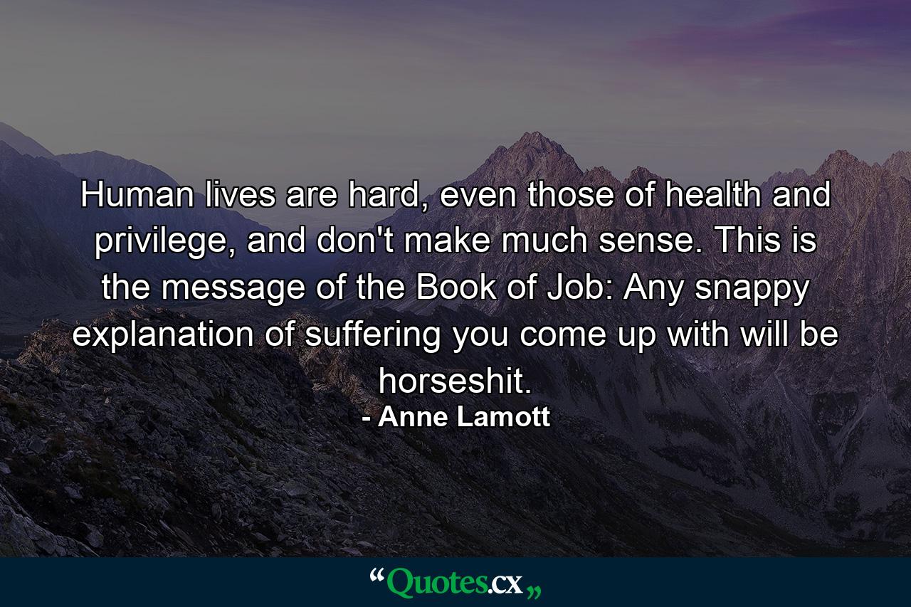 Human lives are hard, even those of health and privilege, and don't make much sense. This is the message of the Book of Job: Any snappy explanation of suffering you come up with will be horseshit. - Quote by Anne Lamott