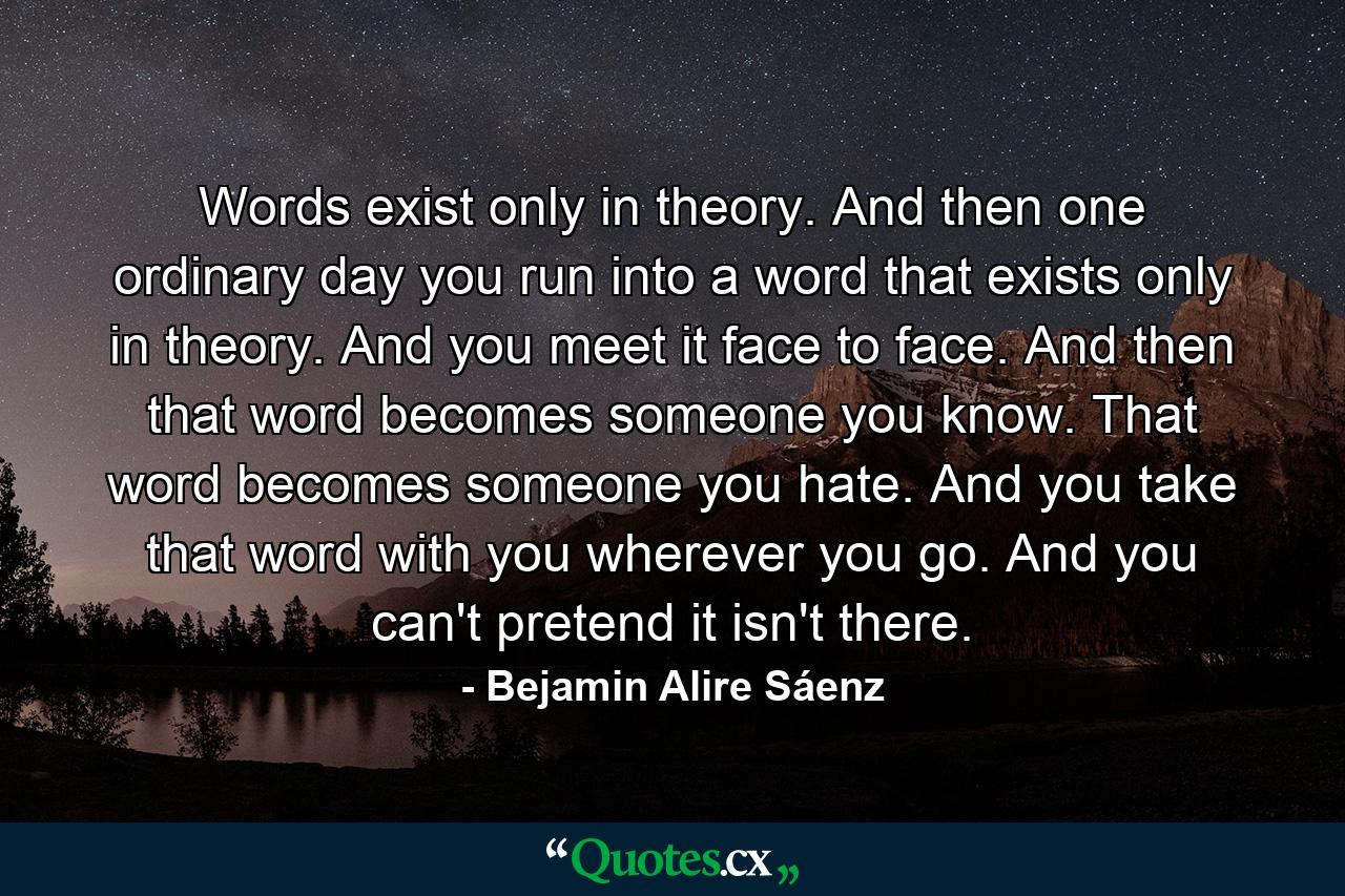 Words exist only in theory. And then one ordinary day you run into a word that exists only in theory. And you meet it face to face. And then that word becomes someone you know. That word becomes someone you hate. And you take that word with you wherever you go. And you can't pretend it isn't there. - Quote by Bejamin Alire Sáenz