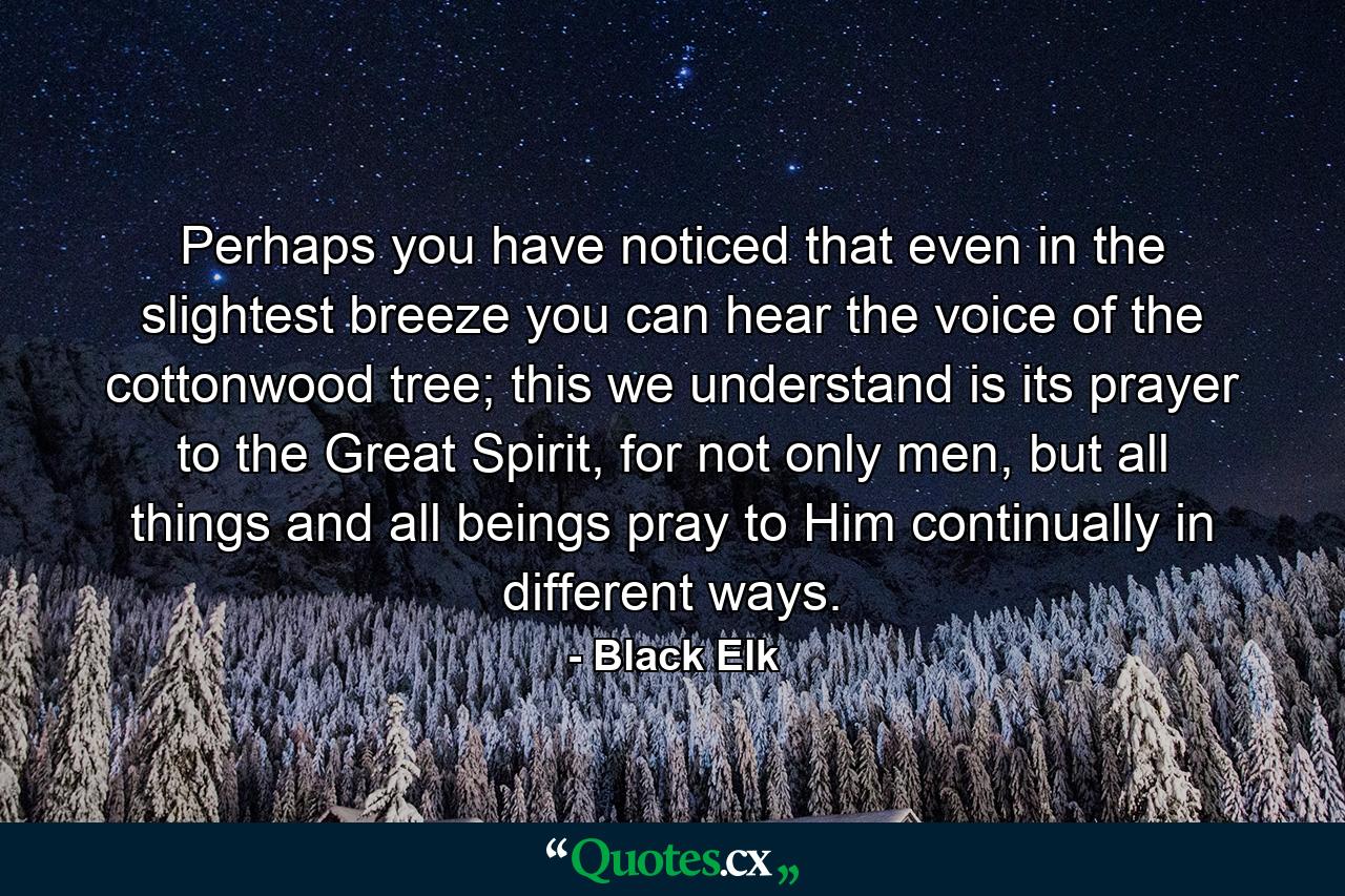 Perhaps you have noticed that even in the slightest breeze you can hear the voice of the cottonwood tree; this we understand is its prayer to the Great Spirit, for not only men, but all things and all beings pray to Him continually in different ways. - Quote by Black Elk