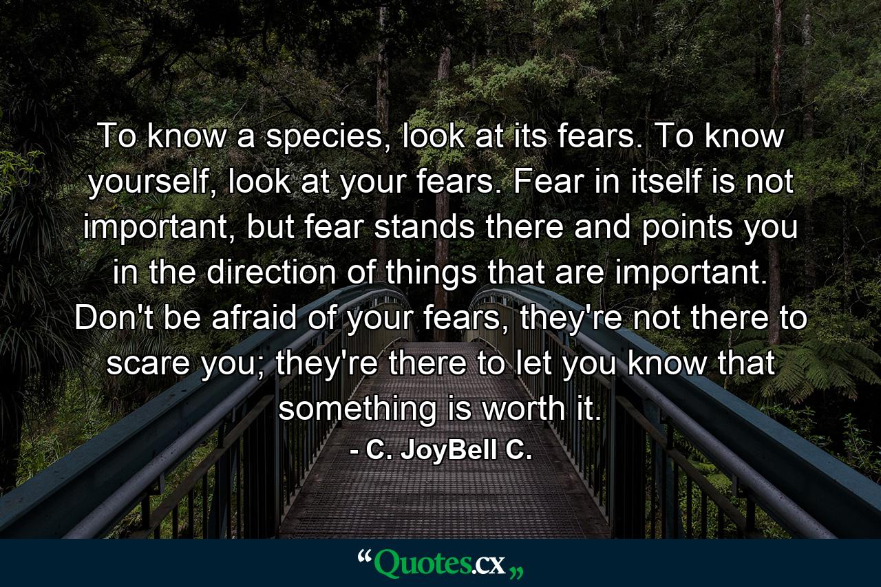 To know a species, look at its fears. To know yourself, look at your fears. Fear in itself is not important, but fear stands there and points you in the direction of things that are important. Don't be afraid of your fears, they're not there to scare you; they're there to let you know that something is worth it. - Quote by C. JoyBell C.