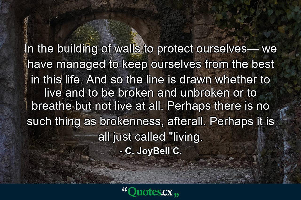 In the building of walls to protect ourselves— we have managed to keep ourselves from the best in this life. And so the line is drawn whether to live and to be broken and unbroken or to breathe but not live at all. Perhaps there is no such thing as brokenness, afterall. Perhaps it is all just called 