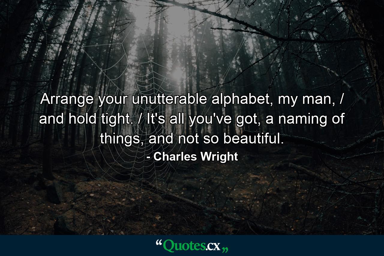 Arrange your unutterable alphabet, my man, / and hold tight. / It's all you've got, a naming of things, and not so beautiful. - Quote by Charles Wright