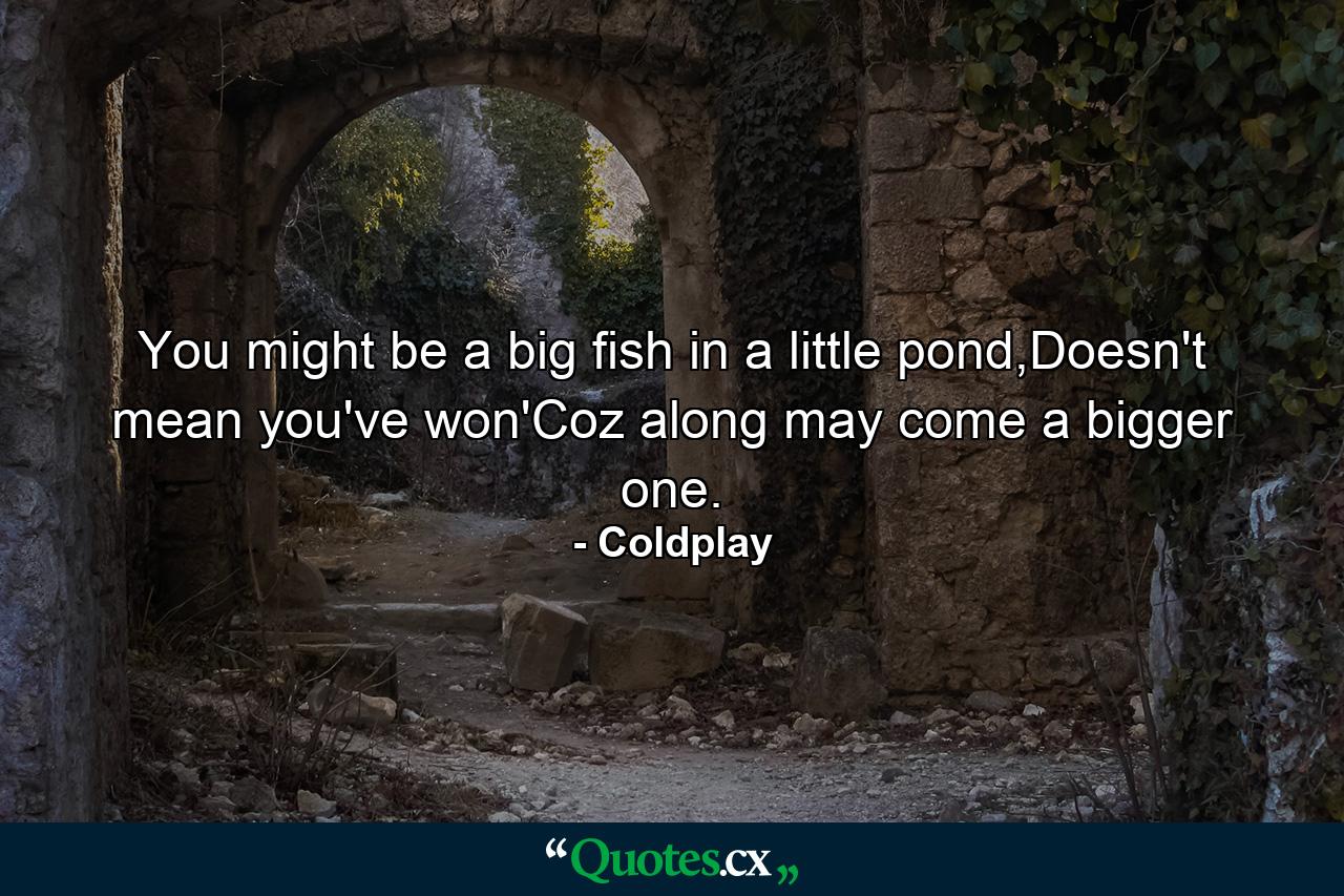 You might be a big fish in a little pond,Doesn't mean you've won'Coz along may come a bigger one. - Quote by Coldplay