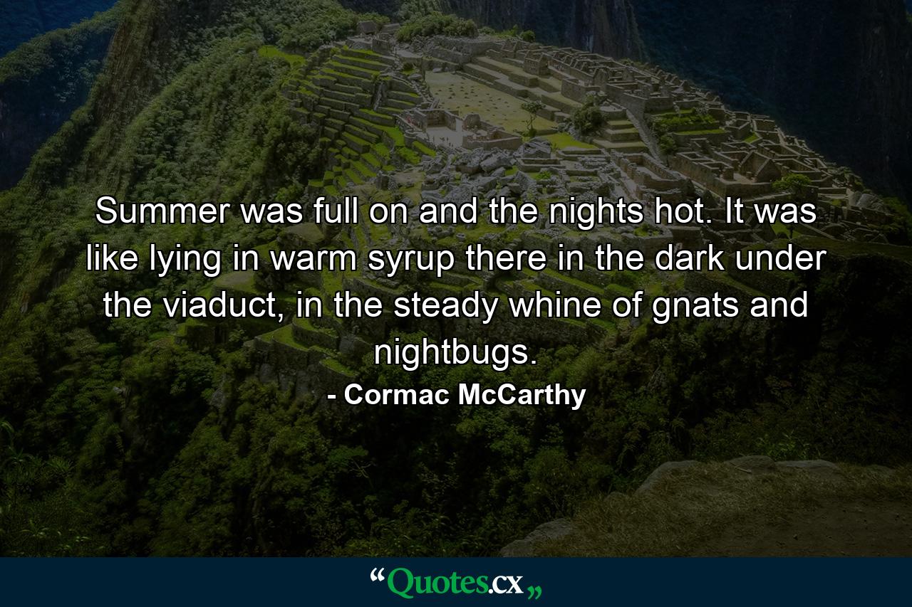 Summer was full on and the nights hot. It was like lying in warm syrup there in the dark under the viaduct, in the steady whine of gnats and nightbugs. - Quote by Cormac McCarthy