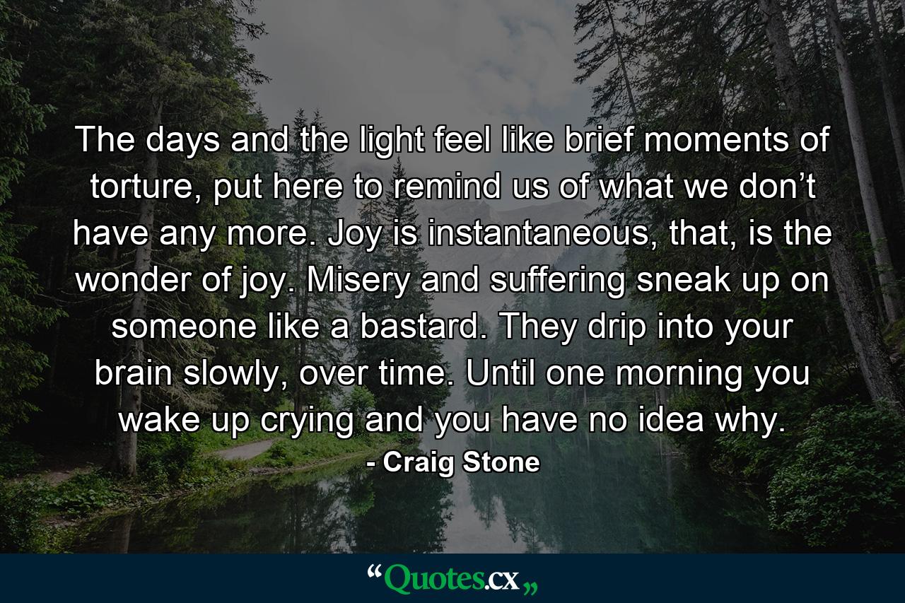 The days and the light feel like brief moments of torture, put here to remind us of what we don’t have any more. Joy is instantaneous, that, is the wonder of joy. Misery and suffering sneak up on someone like a bastard. They drip into your brain slowly, over time. Until one morning you wake up crying and you have no idea why. - Quote by Craig Stone