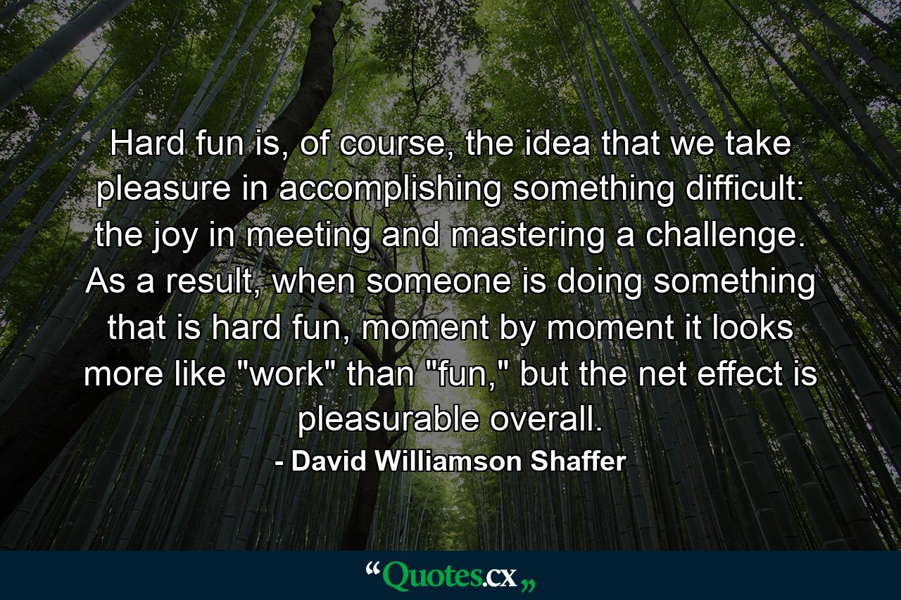 Hard fun is, of course, the idea that we take pleasure in accomplishing something difficult: the joy in meeting and mastering a challenge. As a result, when someone is doing something that is hard fun, moment by moment it looks more like 