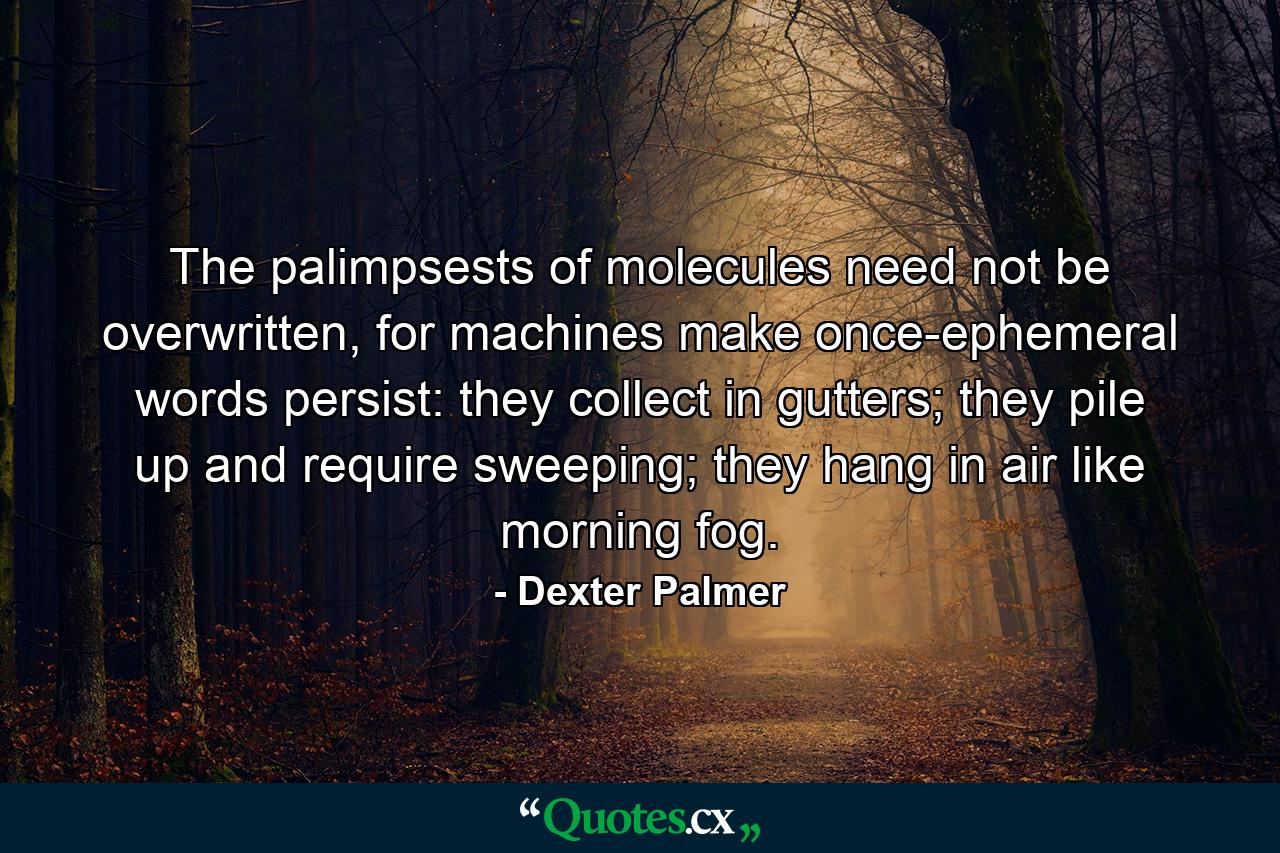 The palimpsests of molecules need not be overwritten, for machines make once-ephemeral words persist: they collect in gutters; they pile up and require sweeping; they hang in air like morning fog. - Quote by Dexter Palmer