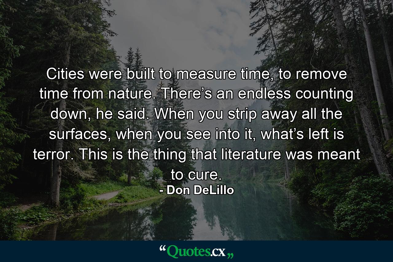 Cities were built to measure time, to remove time from nature. There’s an endless counting down, he said. When you strip away all the surfaces, when you see into it, what’s left is terror. This is the thing that literature was meant to cure. - Quote by Don DeLillo