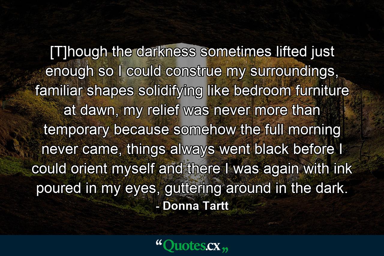 [T]hough the darkness sometimes lifted just enough so I could construe my surroundings, familiar shapes solidifying like bedroom furniture at dawn, my relief was never more than temporary because somehow the full morning never came, things always went black before I could orient myself and there I was again with ink poured in my eyes, guttering around in the dark. - Quote by Donna Tartt