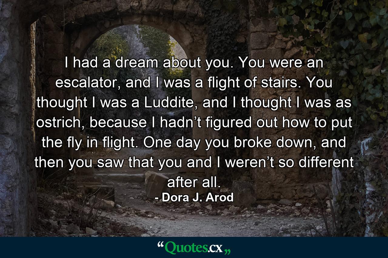 I had a dream about you. You were an escalator, and I was a flight of stairs. You thought I was a Luddite, and I thought I was as ostrich, because I hadn’t figured out how to put the fly in flight. One day you broke down, and then you saw that you and I weren’t so different after all. - Quote by Dora J. Arod