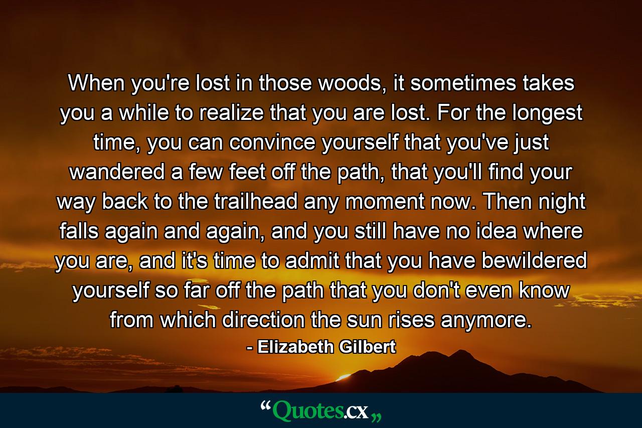 When you're lost in those woods, it sometimes takes you a while to realize that you are lost. For the longest time, you can convince yourself that you've just wandered a few feet off the path, that you'll find your way back to the trailhead any moment now. Then night falls again and again, and you still have no idea where you are, and it's time to admit that you have bewildered yourself so far off the path that you don't even know from which direction the sun rises anymore. - Quote by Elizabeth Gilbert