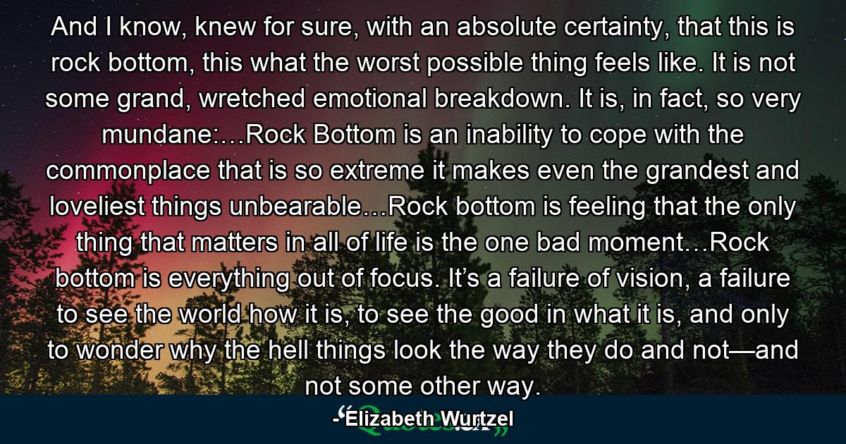 And I know, knew for sure, with an absolute certainty, that this is rock bottom, this what the worst possible thing feels like. It is not some grand, wretched emotional breakdown. It is, in fact, so very mundane:…Rock Bottom is an inability to cope with the commonplace that is so extreme it makes even the grandest and loveliest things unbearable…Rock bottom is feeling that the only thing that matters in all of life is the one bad moment…Rock bottom is everything out of focus. It’s a failure of vision, a failure to see the world how it is, to see the good in what it is, and only to wonder why the hell things look the way they do and not—and not some other way. - Quote by Elizabeth Wurtzel