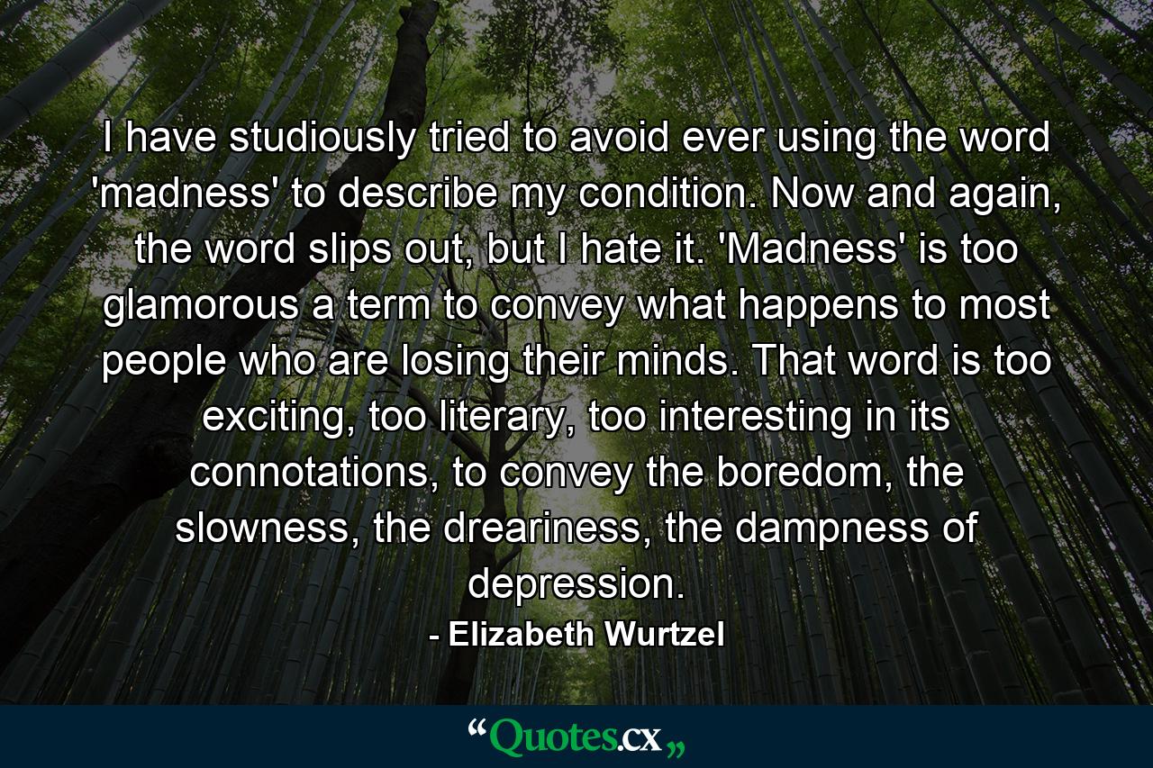 I have studiously tried to avoid ever using the word 'madness' to describe my condition. Now and again, the word slips out, but I hate it. 'Madness' is too glamorous a term to convey what happens to most people who are losing their minds. That word is too exciting, too literary, too interesting in its connotations, to convey the boredom, the slowness, the dreariness, the dampness of depression. - Quote by Elizabeth Wurtzel