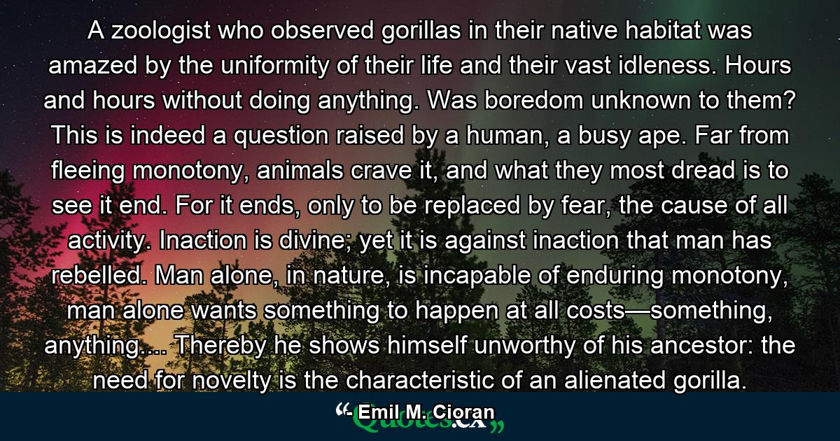 A zoologist who observed gorillas in their native habitat was amazed by the uniformity of their life and their vast idleness. Hours and hours without doing anything. Was boredom unknown to them? This is indeed a question raised by a human, a busy ape. Far from fleeing monotony, animals crave it, and what they most dread is to see it end. For it ends, only to be replaced by fear, the cause of all activity. Inaction is divine; yet it is against inaction that man has rebelled. Man alone, in nature, is incapable of enduring monotony, man alone wants something to happen at all costs—something, anything.... Thereby he shows himself unworthy of his ancestor: the need for novelty is the characteristic of an alienated gorilla. - Quote by Emil M. Cioran