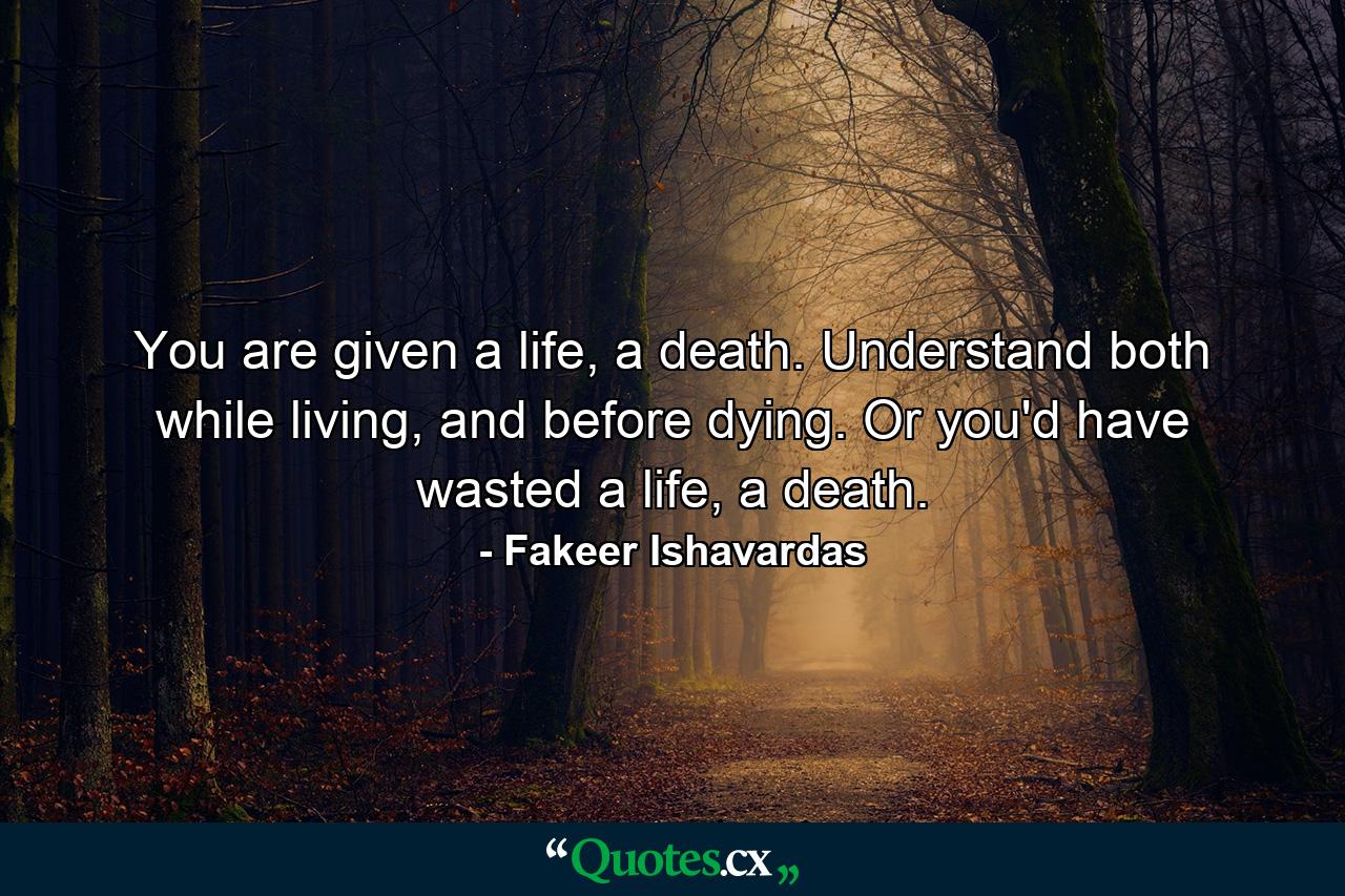 You are given a life, a death. Understand both while living, and before dying. Or you'd have wasted a life, a death. - Quote by Fakeer Ishavardas