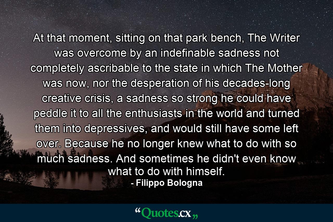 At that moment, sitting on that park bench, The Writer was overcome by an indefinable sadness not completely ascribable to the state in which The Mother was now, nor the desperation of his decades-long creative crisis, a sadness so strong he could have peddle it to all the enthusiasts in the world and turned them into depressives, and would still have some left over. Because he no longer knew what to do with so much sadness. And sometimes he didn't even know what to do with himself. - Quote by Filippo Bologna