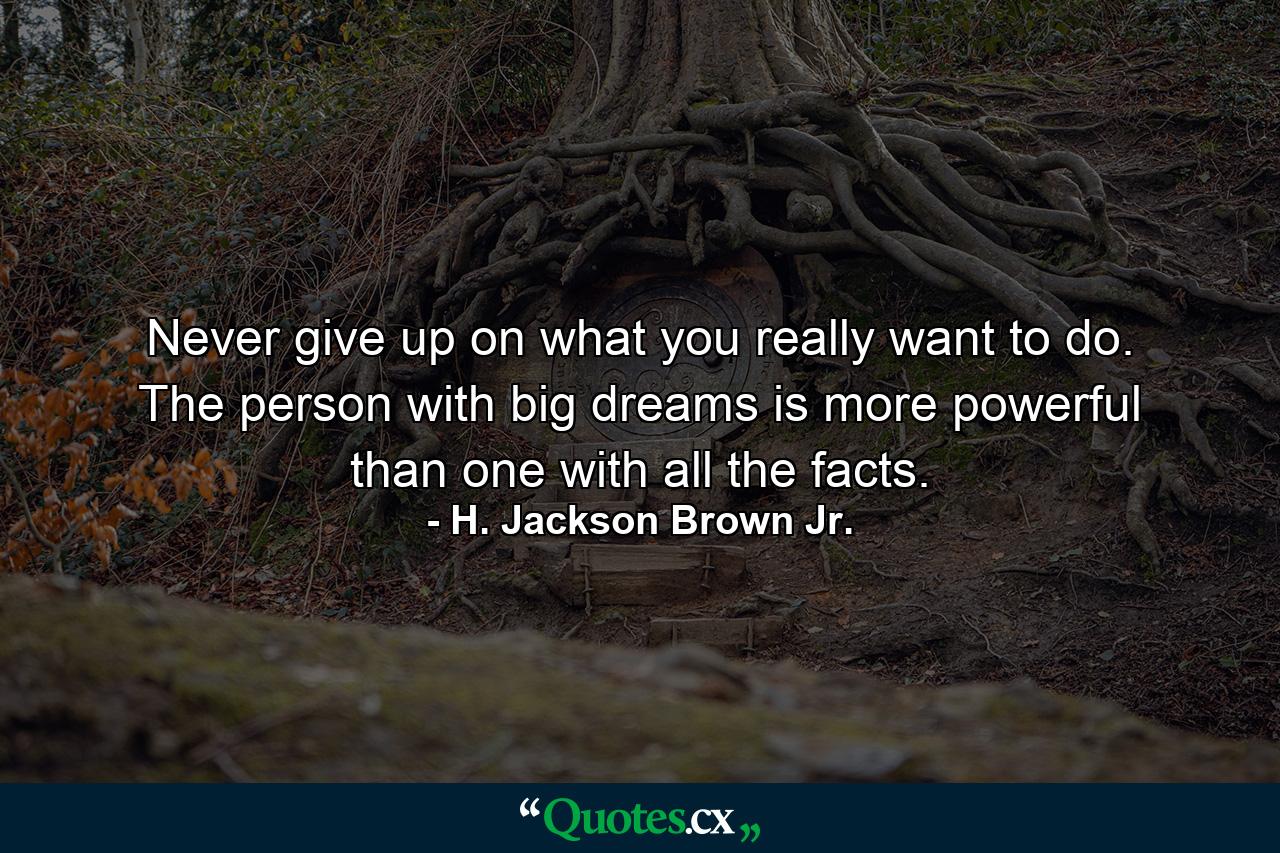 Never give up on what you really want to do. The person with big dreams is more powerful than one with all the facts. - Quote by H. Jackson Brown Jr.