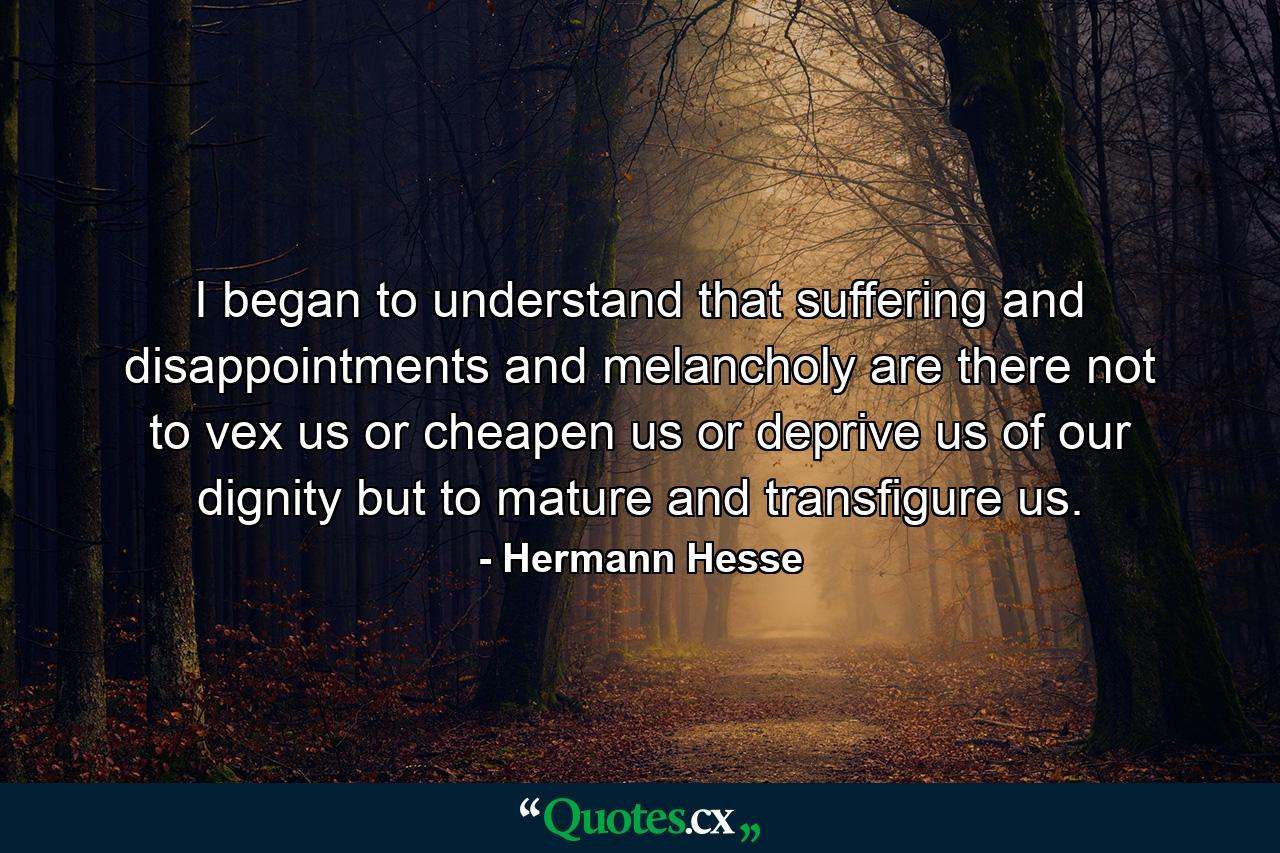 I began to understand that suffering and disappointments and melancholy are there not to vex us or cheapen us or deprive us of our dignity but to mature and transfigure us. - Quote by Hermann Hesse