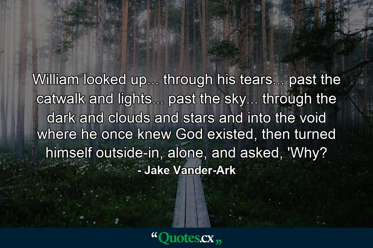 William looked up... through his tears... past the catwalk and lights... past the sky... through the dark and clouds and stars and into the void where he once knew God existed, then turned himself outside-in, alone, and asked, 'Why? - Quote by Jake Vander-Ark