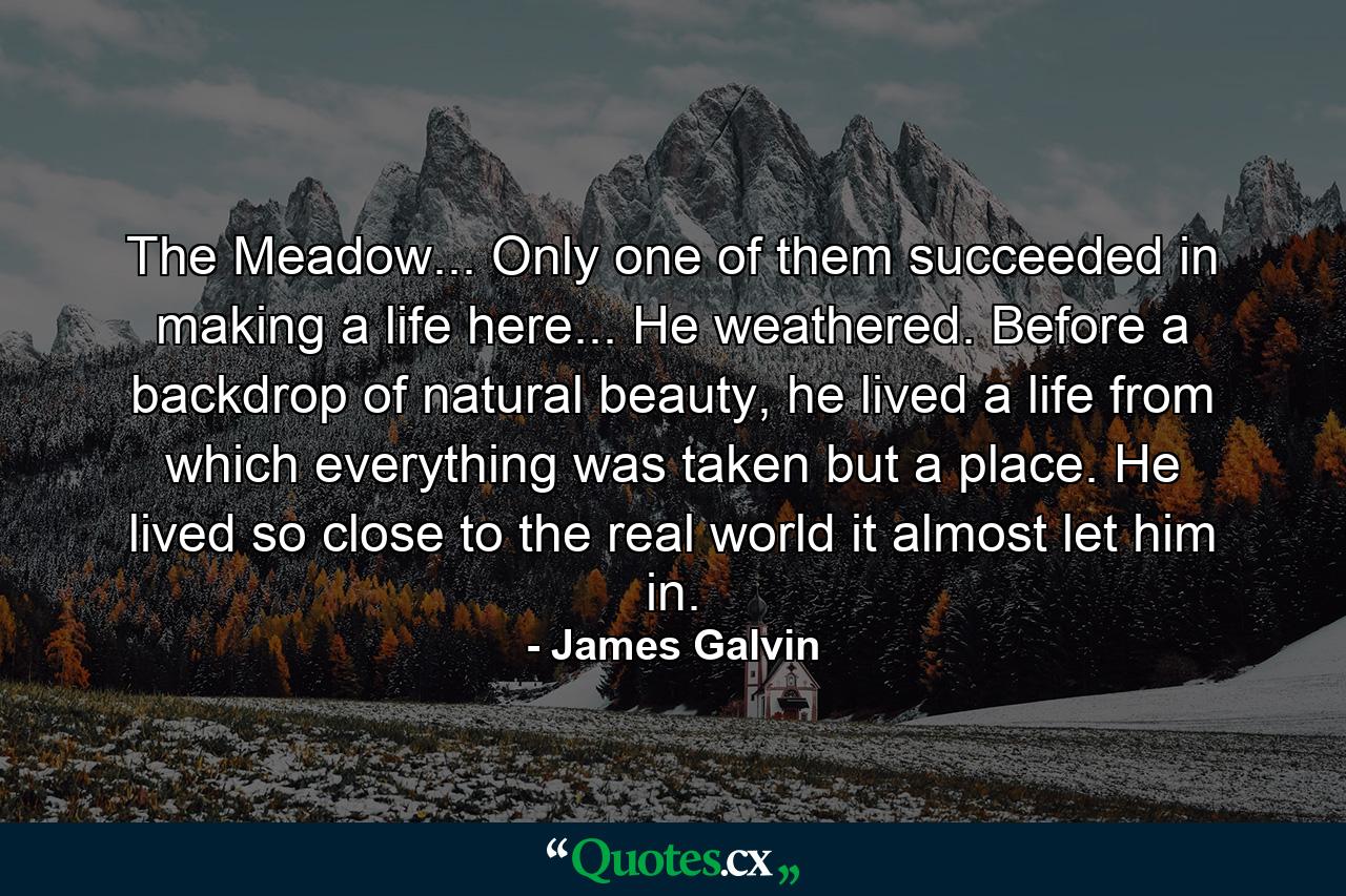 The Meadow... Only one of them succeeded in making a life here... He weathered. Before a backdrop of natural beauty, he lived a life from which everything was taken but a place. He lived so close to the real world it almost let him in. - Quote by James Galvin