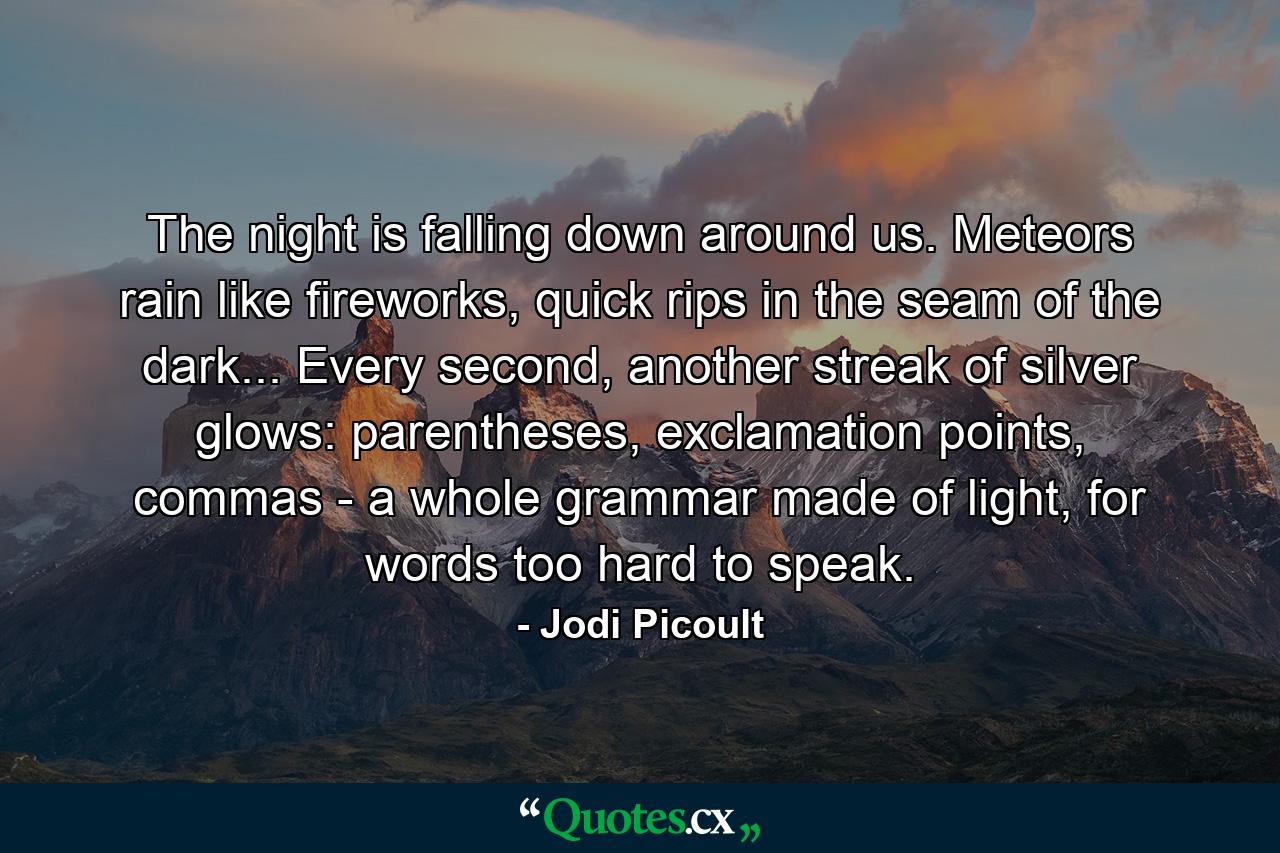 The night is falling down around us. Meteors rain like fireworks, quick rips in the seam of the dark... Every second, another streak of silver glows: parentheses, exclamation points, commas - a whole grammar made of light, for words too hard to speak. - Quote by Jodi Picoult