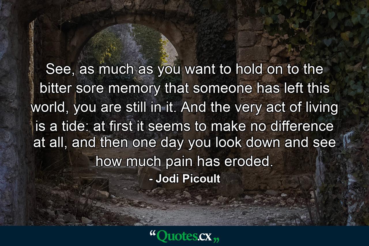 See, as much as you want to hold on to the bitter sore memory that someone has left this world, you are still in it. And the very act of living is a tide: at first it seems to make no difference at all, and then one day you look down and see how much pain has eroded. - Quote by Jodi Picoult