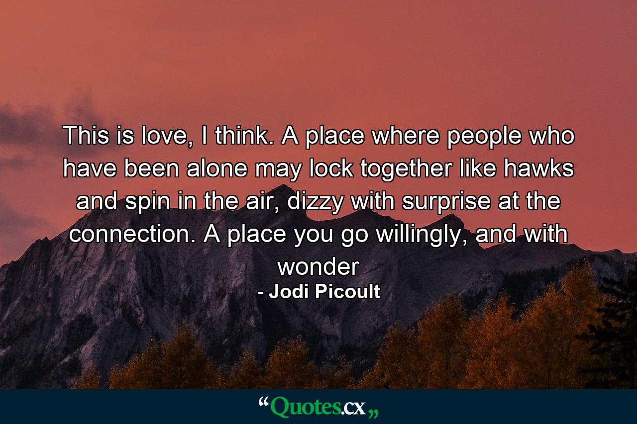 This is love, I think. A place where people who have been alone may lock together like hawks and spin in the air, dizzy with surprise at the connection. A place you go willingly, and with wonder - Quote by Jodi Picoult