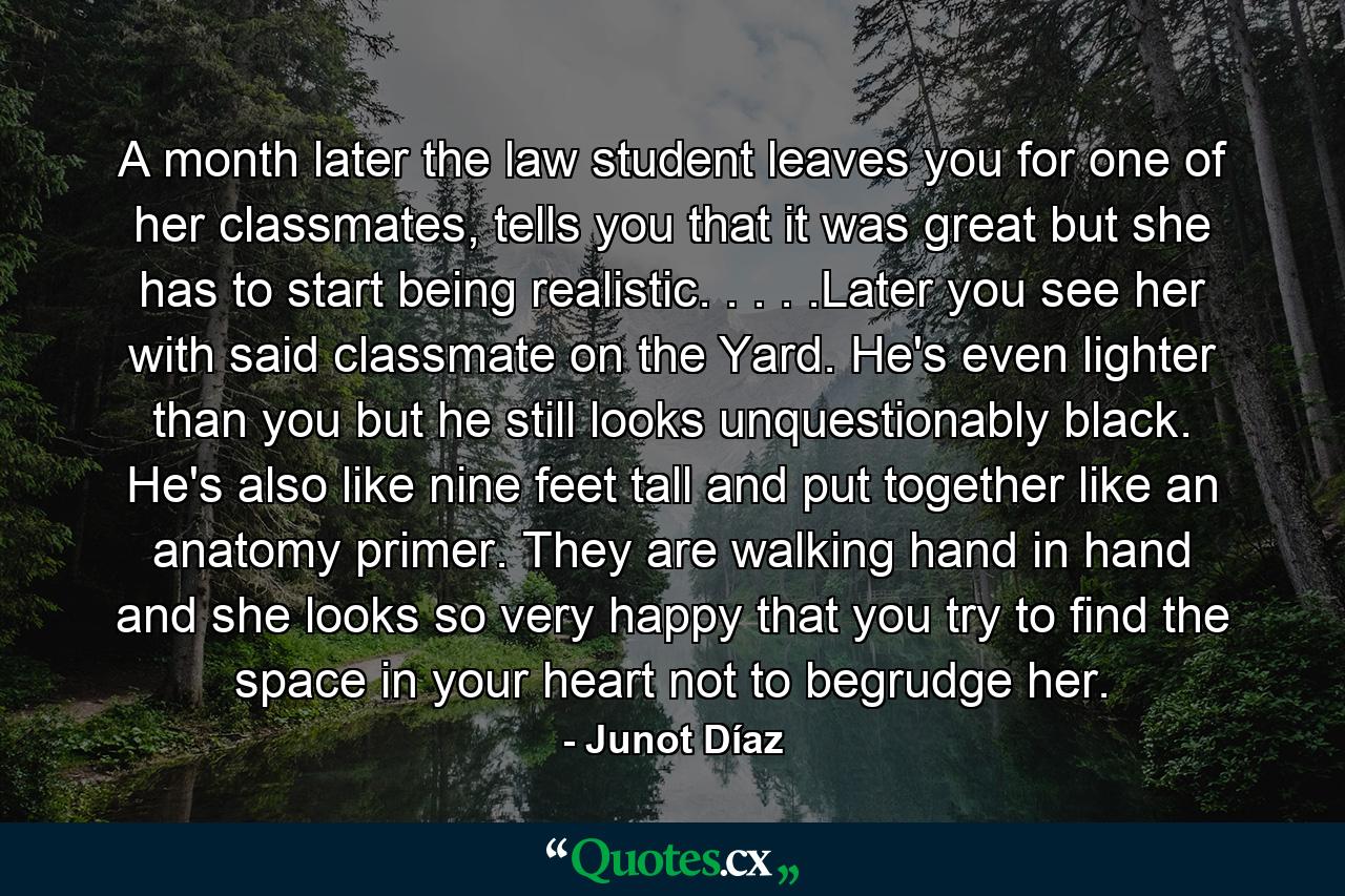 A month later the law student leaves you for one of her classmates, tells you that it was great but she has to start being realistic. . . . .Later you see her with said classmate on the Yard. He's even lighter than you but he still looks unquestionably black. He's also like nine feet tall and put together like an anatomy primer. They are walking hand in hand and she looks so very happy that you try to find the space in your heart not to begrudge her. - Quote by Junot Díaz