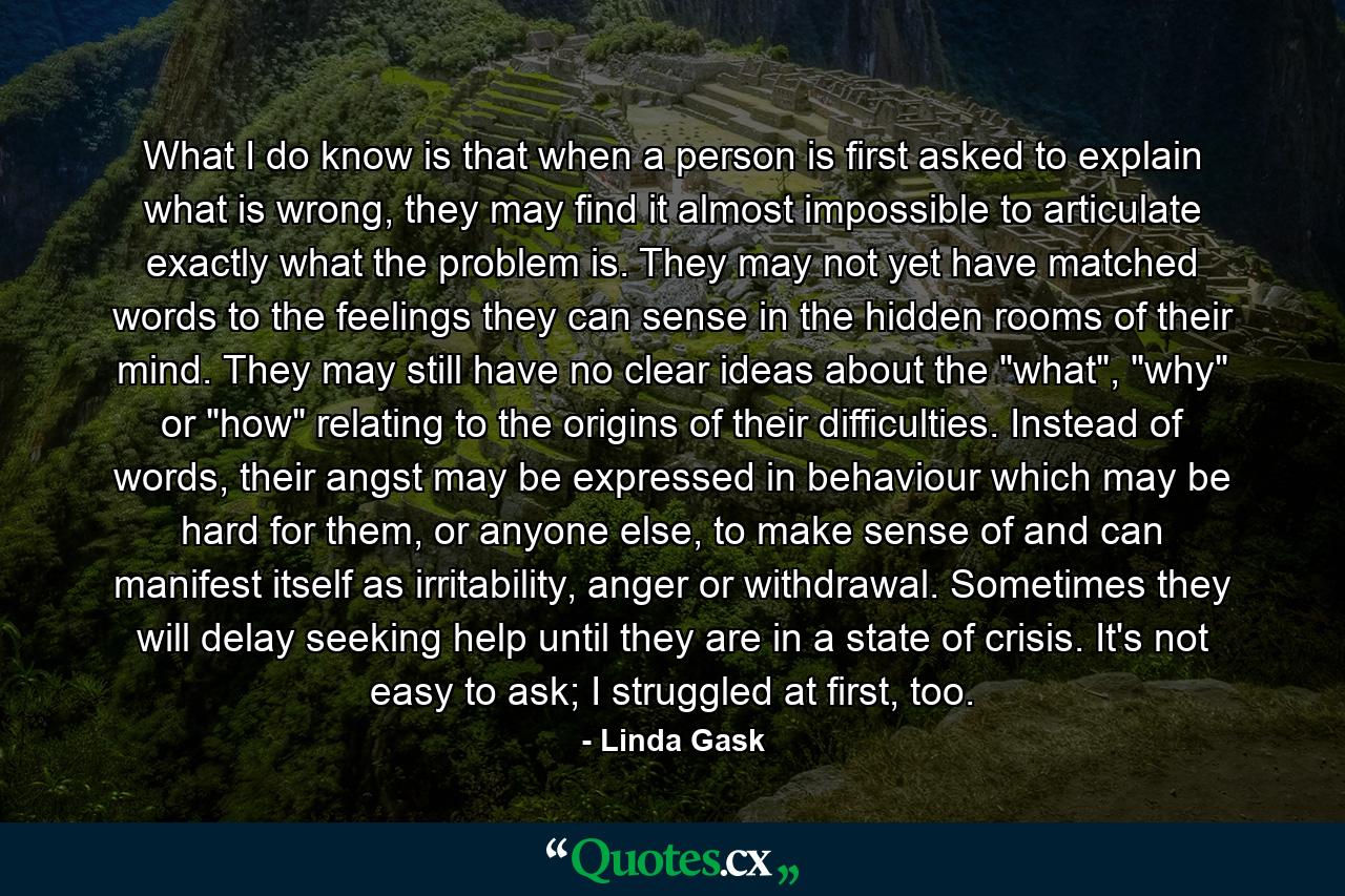 What I do know is that when a person is first asked to explain what is wrong, they may find it almost impossible to articulate exactly what the problem is. They may not yet have matched words to the feelings they can sense in the hidden rooms of their mind. They may still have no clear ideas about the 