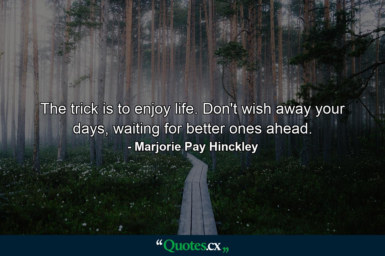 The trick is to enjoy life. Don't wish away your days, waiting for better ones ahead. - Quote by Marjorie Pay Hinckley