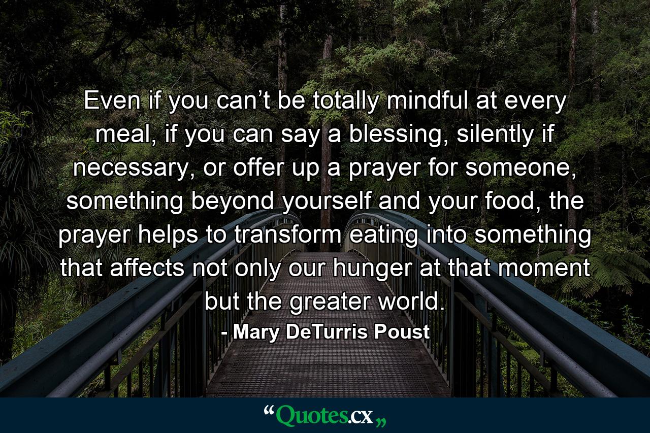 Even if you can’t be totally mindful at every meal, if you can say a blessing, silently if necessary, or offer up a prayer for someone, something beyond yourself and your food, the prayer helps to transform eating into something that affects not only our hunger at that moment but the greater world. - Quote by Mary DeTurris Poust