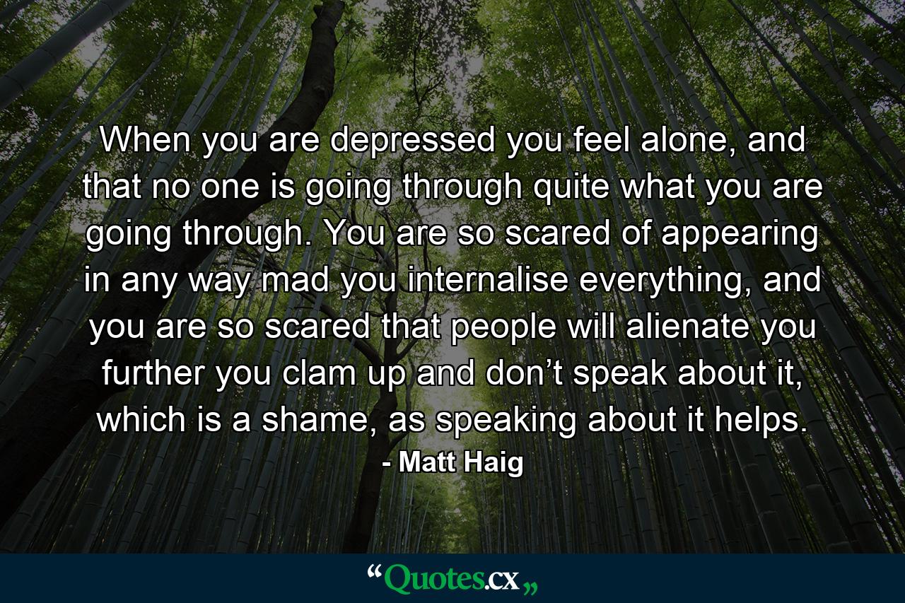 When you are depressed you feel alone, and that no one is going through quite what you are going through. You are so scared of appearing in any way mad you internalise everything, and you are so scared that people will alienate you further you clam up and don’t speak about it, which is a shame, as speaking about it helps. - Quote by Matt Haig