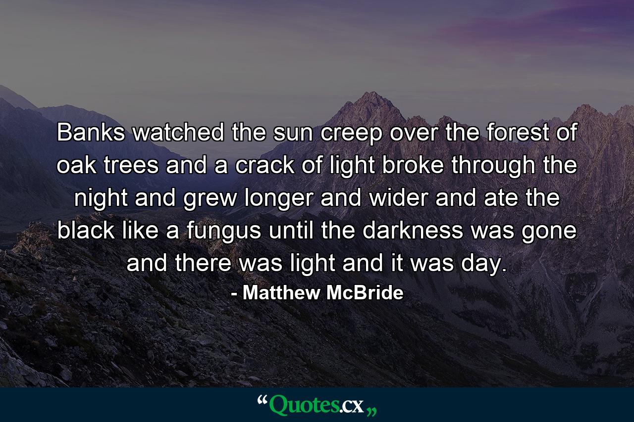 Banks watched the sun creep over the forest of oak trees and a crack of light broke through the night and grew longer and wider and ate the black like a fungus until the darkness was gone and there was light and it was day. - Quote by Matthew McBride