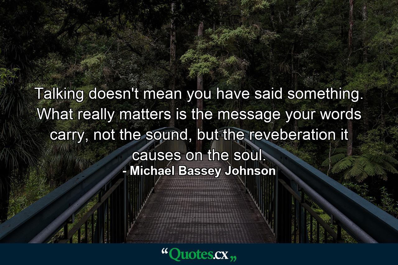 Talking doesn't mean you have said something. What really matters is the message your words carry, not the sound, but the reveberation it causes on the soul. - Quote by Michael Bassey Johnson