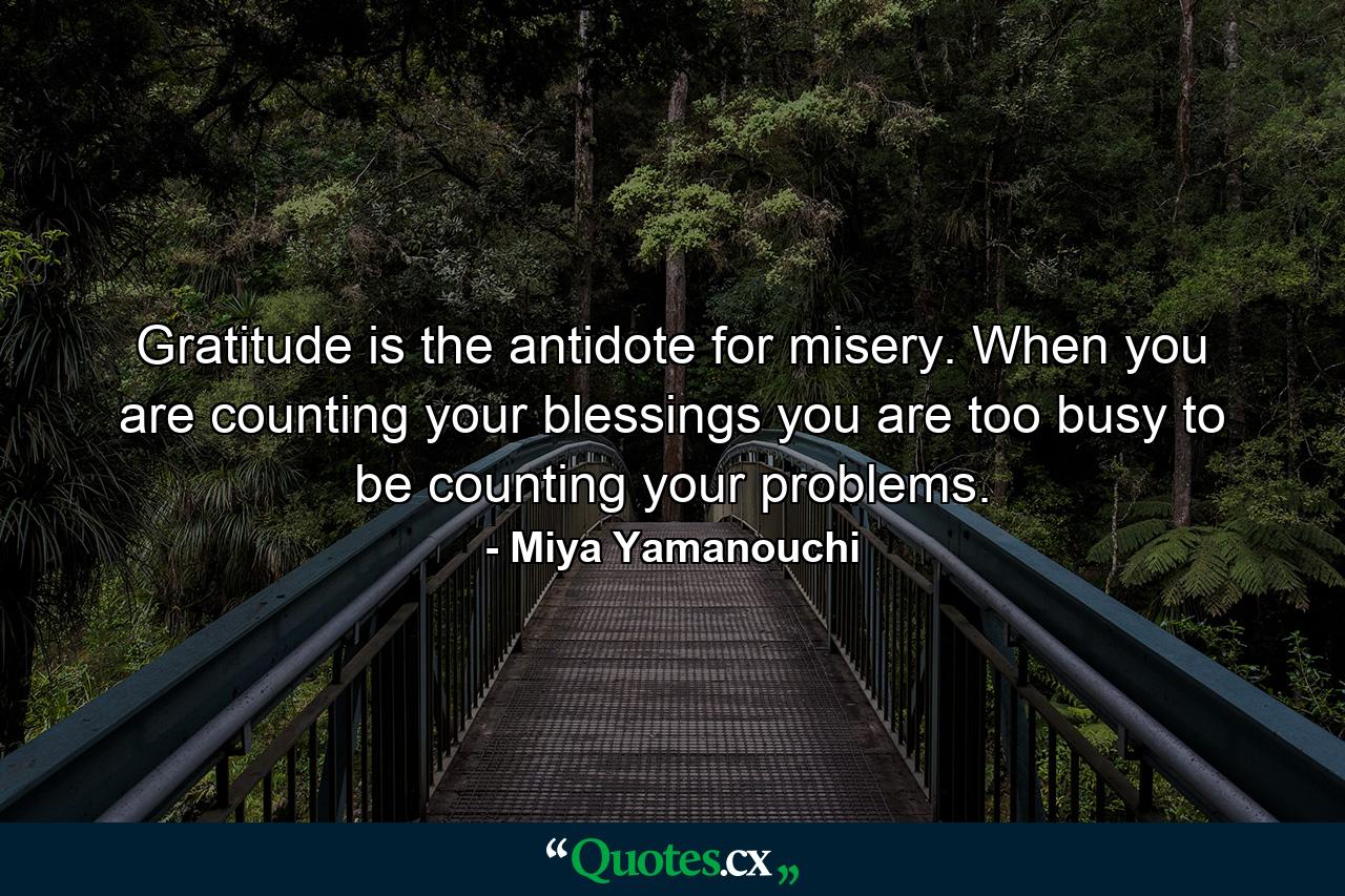 Gratitude is the antidote for misery. When you are counting your blessings you are too busy to be counting your problems. - Quote by Miya Yamanouchi