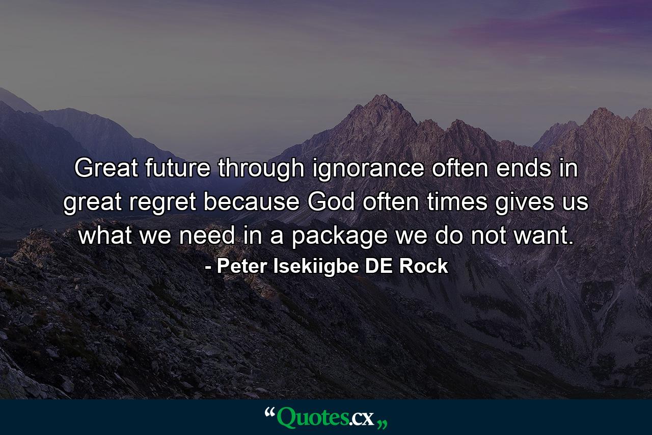 Great future through ignorance often ends in great regret because God often times gives us what we need in a package we do not want. - Quote by Peter Isekiigbe DE Rock