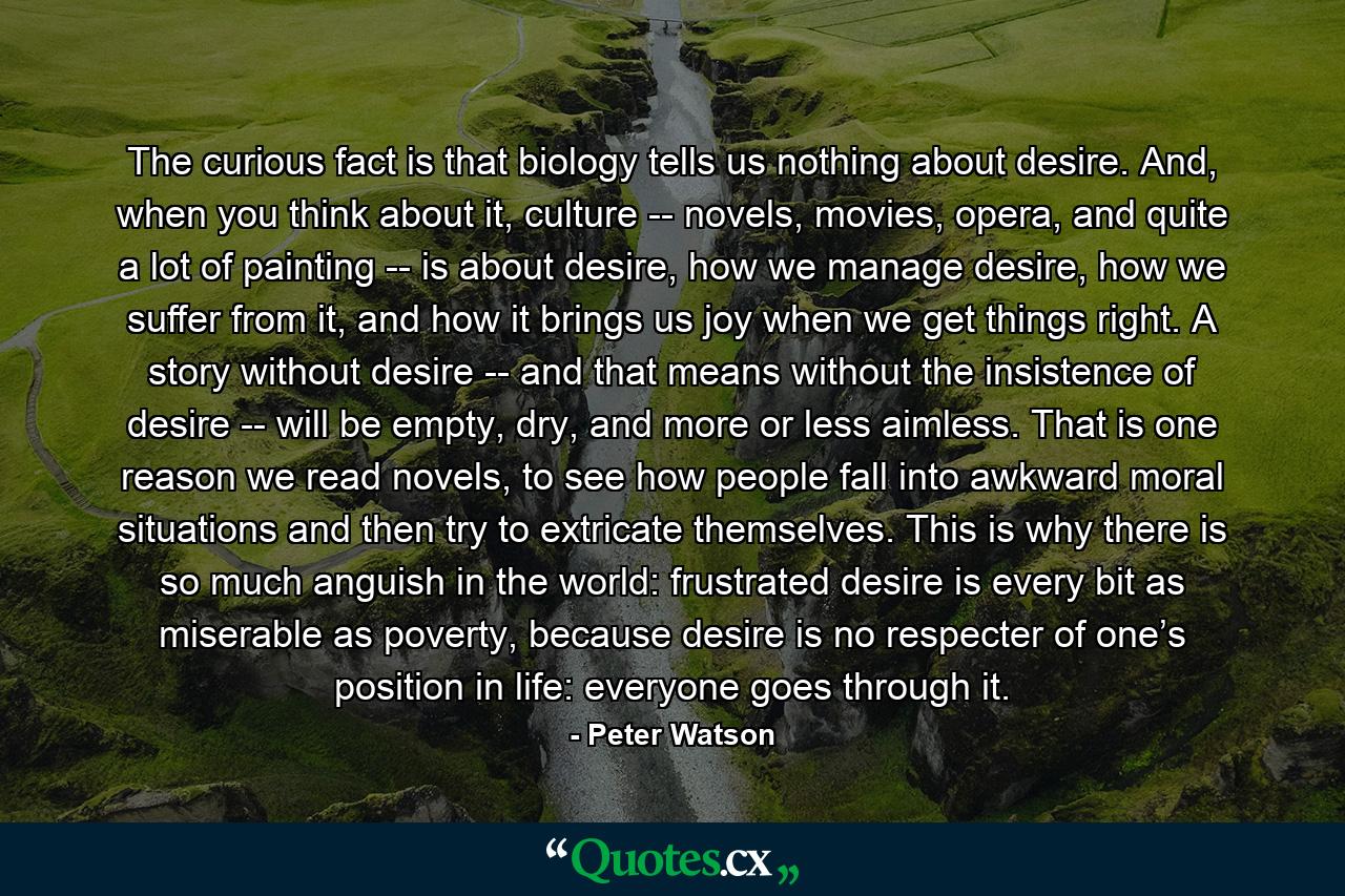 The curious fact is that biology tells us nothing about desire. And, when you think about it, culture -- novels, movies, opera, and quite a lot of painting -- is about desire, how we manage desire, how we suffer from it, and how it brings us joy when we get things right. A story without desire -- and that means without the insistence of desire -- will be empty, dry, and more or less aimless. That is one reason we read novels, to see how people fall into awkward moral situations and then try to extricate themselves. This is why there is so much anguish in the world: frustrated desire is every bit as miserable as poverty, because desire is no respecter of one’s position in life: everyone goes through it. - Quote by Peter Watson