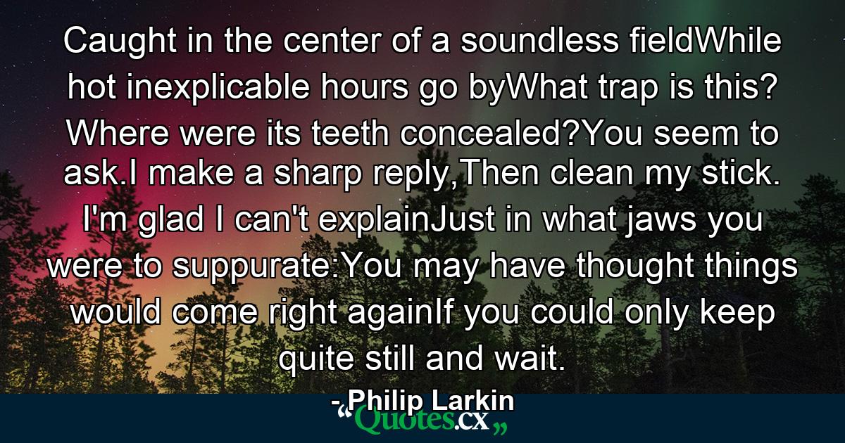 Caught in the center of a soundless fieldWhile hot inexplicable hours go byWhat trap is this? Where were its teeth concealed?You seem to ask.I make a sharp reply,Then clean my stick. I'm glad I can't explainJust in what jaws you were to suppurate:You may have thought things would come right againIf you could only keep quite still and wait. - Quote by Philip Larkin