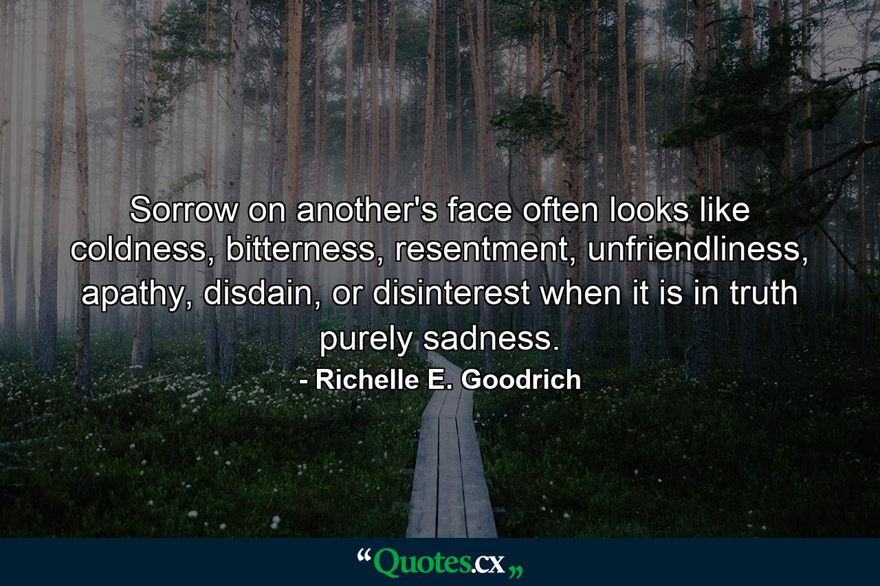 Sorrow on another's face often looks like coldness, bitterness, resentment, unfriendliness, apathy, disdain, or disinterest when it is in truth purely sadness. - Quote by Richelle E. Goodrich