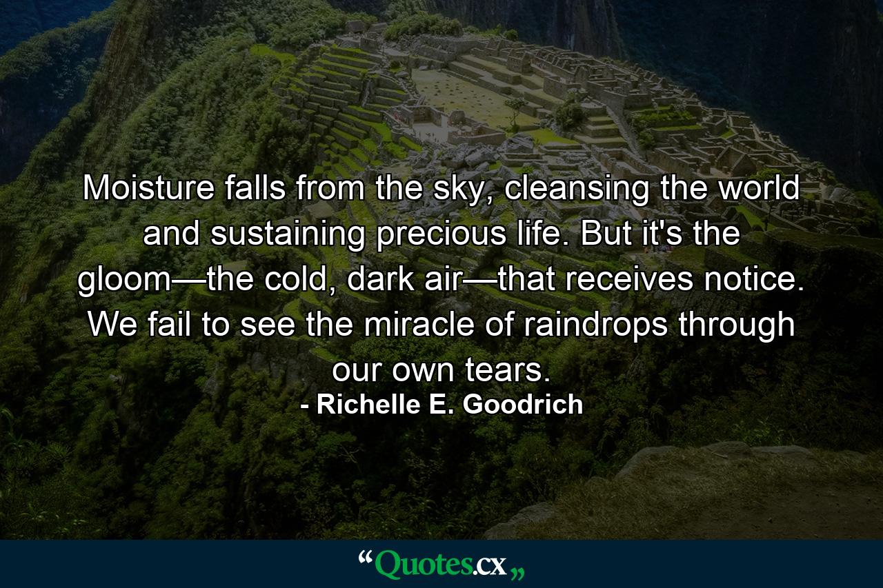 Moisture falls from the sky, cleansing the world and sustaining precious life. But it's the gloom—the cold, dark air—that receives notice. We fail to see the miracle of raindrops through our own tears. - Quote by Richelle E. Goodrich