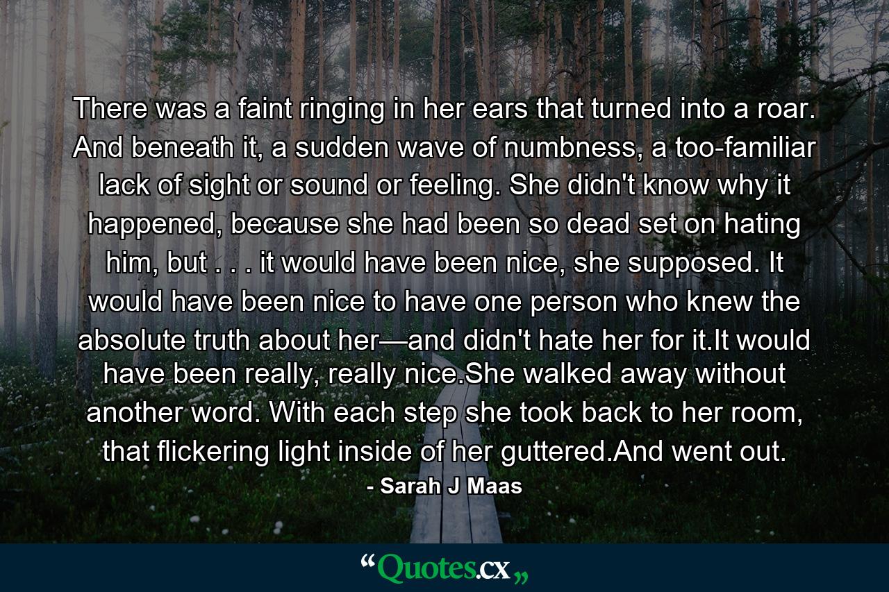 There was a faint ringing in her ears that turned into a roar. And beneath it, a sudden wave of numbness, a too-familiar lack of sight or sound or feeling. She didn't know why it happened, because she had been so dead set on hating him, but . . . it would have been nice, she supposed. It would have been nice to have one person who knew the absolute truth about her—and didn't hate her for it.It would have been really, really nice.She walked away without another word. With each step she took back to her room, that flickering light inside of her guttered.And went out. - Quote by Sarah J Maas