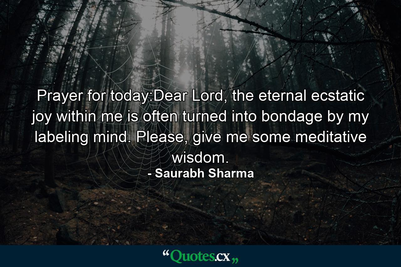 Prayer for today:Dear Lord, the eternal ecstatic joy within me is often turned into bondage by my labeling mind. Please, give me some meditative wisdom. - Quote by Saurabh Sharma