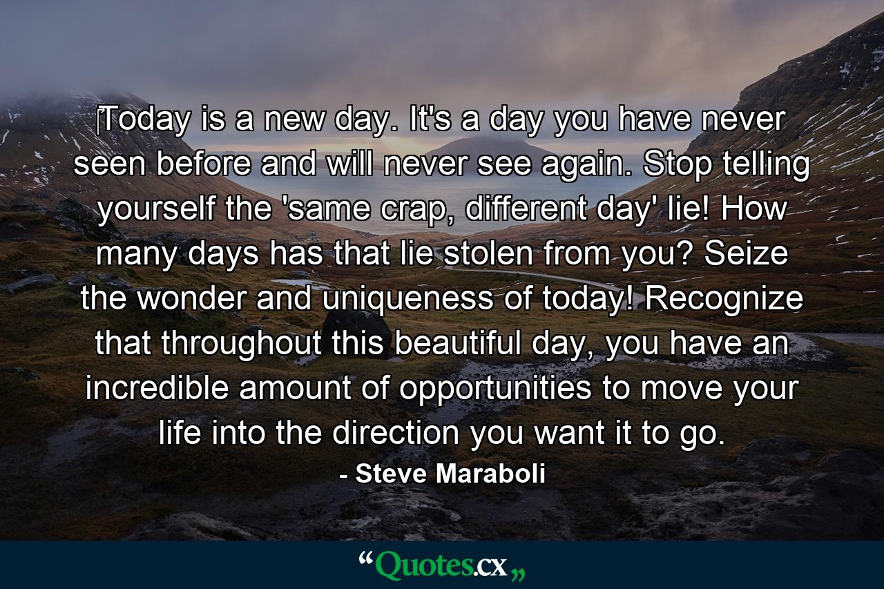 ‎Today is a new day. It's a day you have never seen before and will never see again. Stop telling yourself the 'same crap, different day' lie! How many days has that lie stolen from you? Seize the wonder and uniqueness of today! Recognize that throughout this beautiful day, you have an incredible amount of opportunities to move your life into the direction you want it to go. - Quote by Steve Maraboli