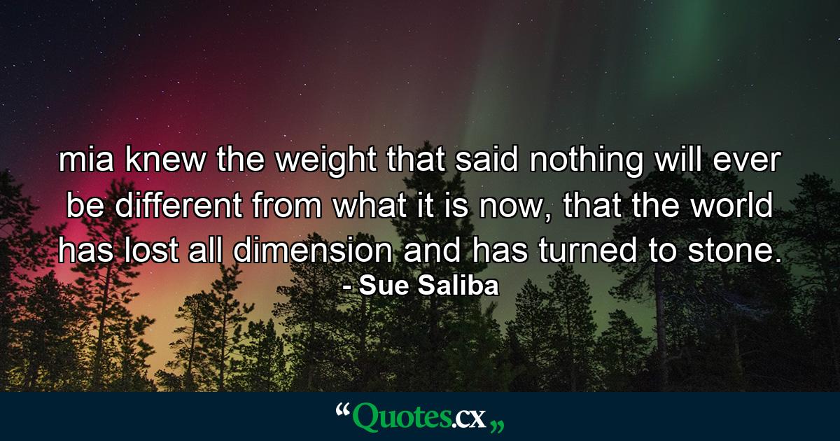 mia knew the weight that said nothing will ever be different from what it is now, that the world has lost all dimension and has turned to stone. - Quote by Sue Saliba