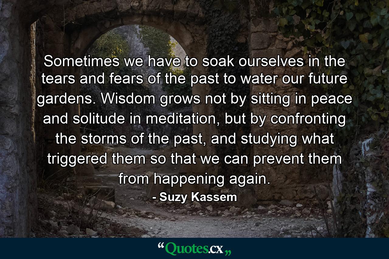 Sometimes we have to soak ourselves in the tears and fears of the past to water our future gardens. Wisdom grows not by sitting in peace and solitude in meditation, but by confronting the storms of the past, and studying what triggered them so that we can prevent them from happening again. - Quote by Suzy Kassem