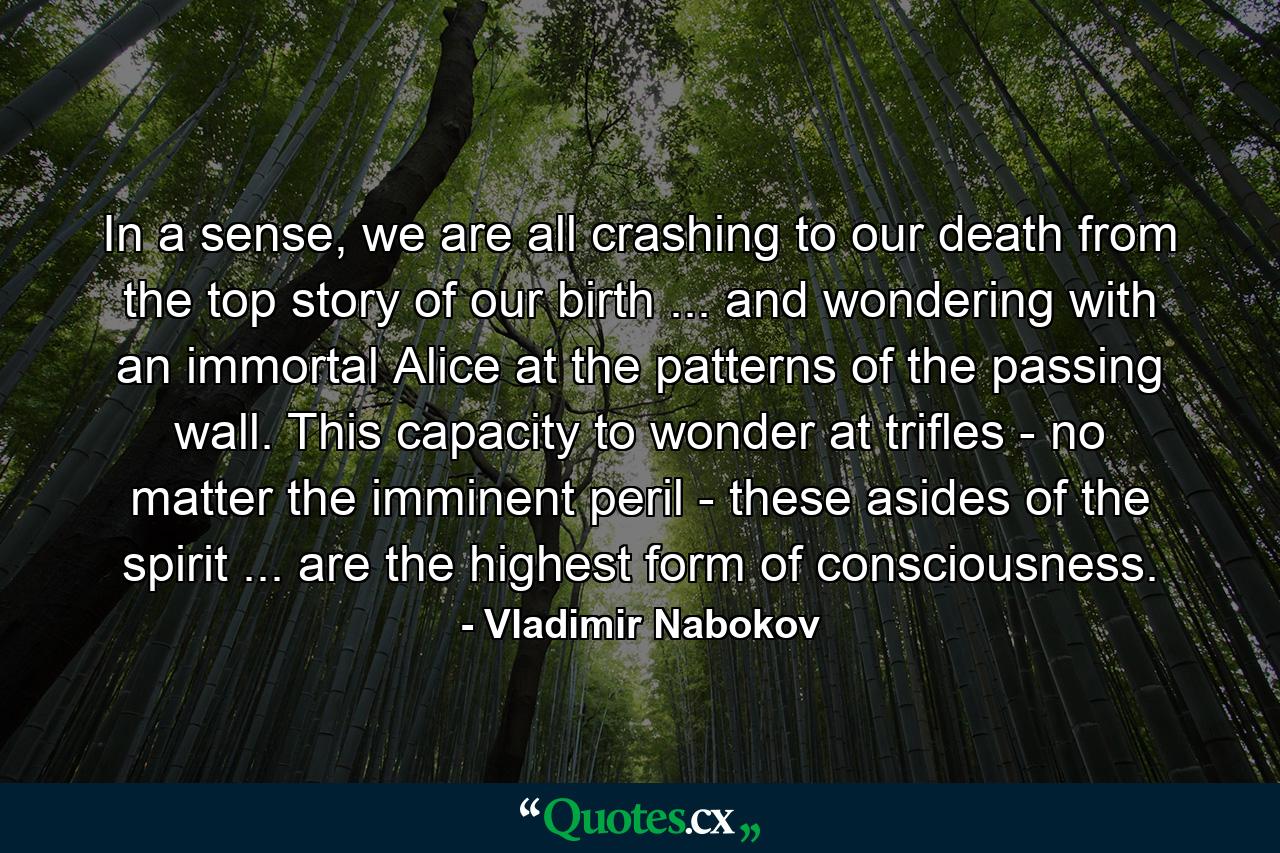 In a sense, we are all crashing to our death from the top story of our birth ... and wondering with an immortal Alice at the patterns of the passing wall. This capacity to wonder at trifles - no matter the imminent peril - these asides of the spirit ... are the highest form of consciousness. - Quote by Vladimir Nabokov