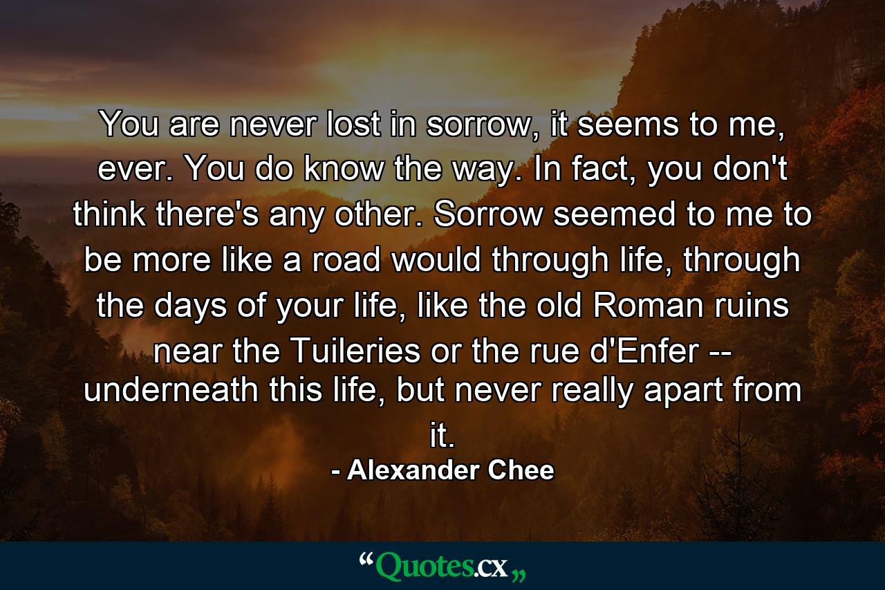 You are never lost in sorrow, it seems to me, ever. You do know the way. In fact, you don't think there's any other. Sorrow seemed to me to be more like a road would through life, through the days of your life, like the old Roman ruins near the Tuileries or the rue d'Enfer -- underneath this life, but never really apart from it. - Quote by Alexander Chee